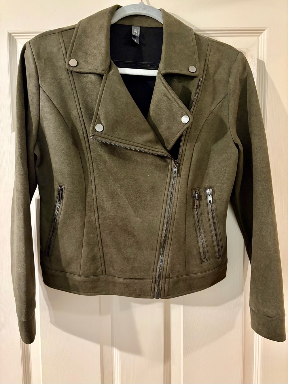 Francesca’s Alya Olive Faux Suede Moto Jacket